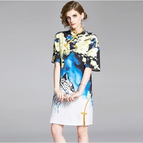 Summer Womens Dress Vintage Chinese Style Print Stand Collar Button Short-sleeved Dress New Casual Female Slim Dresses X063