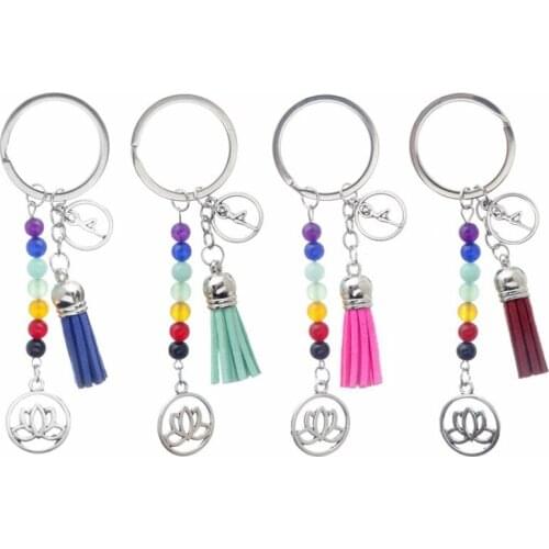 Fashion Chakra Colorful Stone Beads Keychain 7 Chakras Energy Yoga Fitness Key Chains Lotus Tassel Key Rings Jewelry Gifts