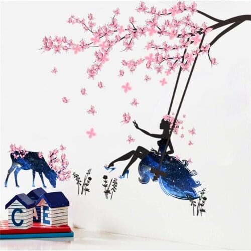 Sticker Wall Dreamlike Flower Fairy Swing Wall Stickers for Kids Rooms Living Room Bedroom Wall Art Decor Wallpaper Sticker