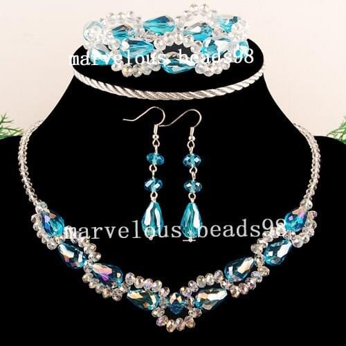 Sky Blue Faceted Crystal Water Drop Art Beads Necklace Bracelet Earrings 1set FG3852