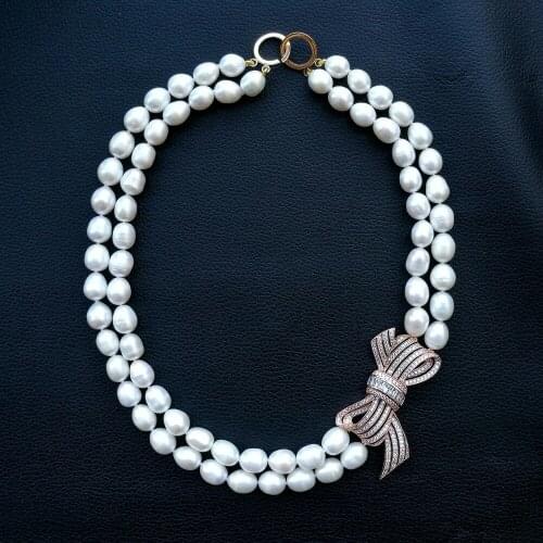 3" 2 Strands White Rice freshwater Pearl CZ Pendant necklace