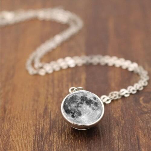 Silver Color Glass Ball Grey Full Moon Pendant Necklace For Women Double-sided Crescent Necklaces Jewelry A490