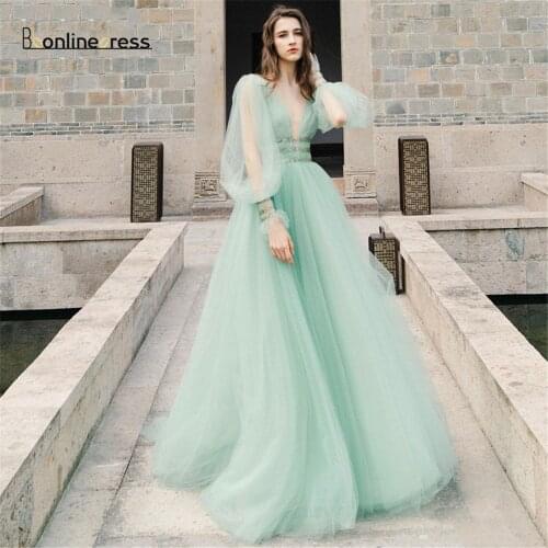 Party-Gown Mint Green Prom Dress Tulle A-Line Long Prom Dresses Full Sleeves Formal Gowns Vestido-de-festa-longo