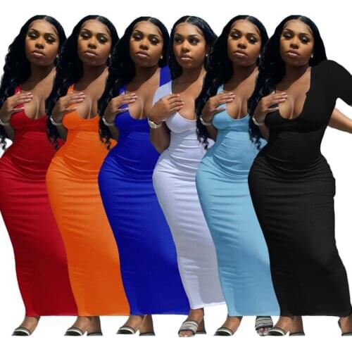 Maxi Dresses Women Summer 2021 Long Prom Dress Solid Colour A-line Slim Sexy Club V-Neck Short Sleeves Ankle-Length Dresses