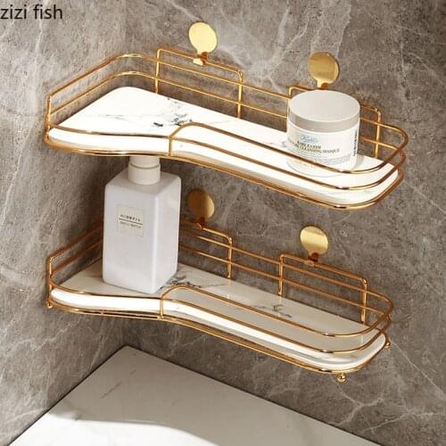 Golden Metal Frame Storage Tray Shower Gel Shampoo Organizer Rack Punch-free Wall-mounted Corner Bathroom Shelf Ceramic Trays