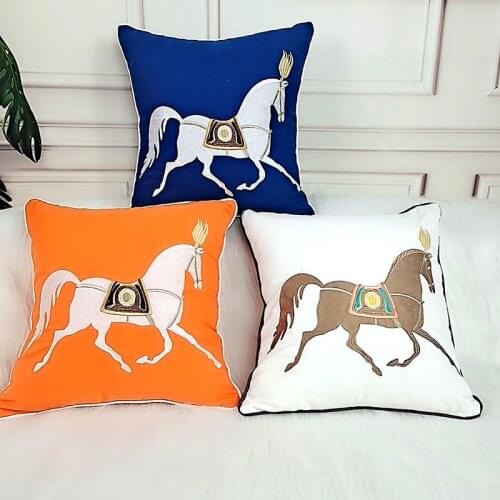 45x45cm Orange Cushion Cover Luxury Decorative Horse Embroidery Cotton Pillow Case Cover Canvas Sofa Chair Cushion Cover