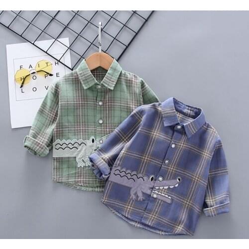 Spring Autumn Kids Baby Boys Cotton Long-sleeved Shirts Baby Cartoon Lapel Plaid Shirt Childrens Tops Clothes