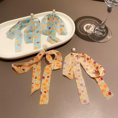 Korean Fashion Sweet Lace Fabric Bowknot Dangle Earrings for Women Elegant Pearl Piercing Earring 2021 New Trendy Jewelry