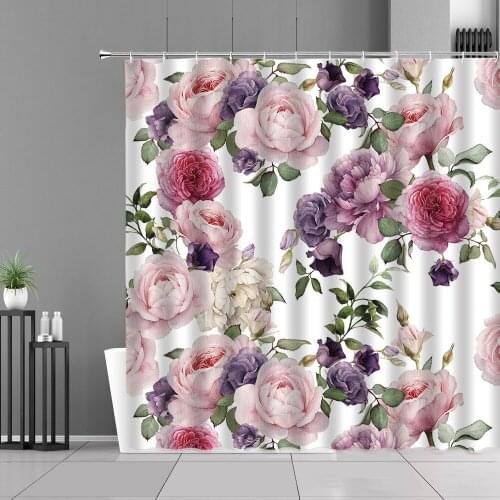 Pink Rose Flowers Shower Curtain Spring Floral Plants Green Leaves Cloth Curtains European Home Bathroom Decor Waterproof Fabric