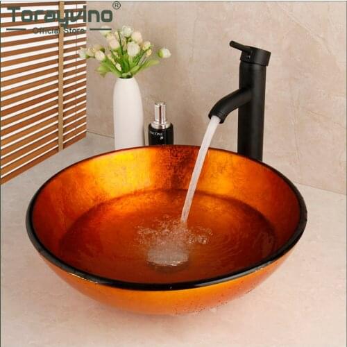 Torayvino Brown Glass Tempered Washbasin Sink Matte Black Bathroom Faucet Combo Set Waterfall Deck Mounted Mixer Tap With Drain