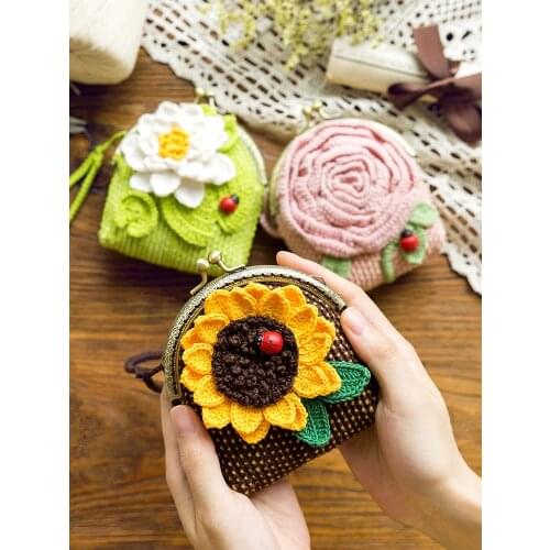 Handmade DIY Material and Tools Crochet Knitting Wool Mini Purse Wallet Eco-dyed Needlework Rose Lotus Sunflower Decor Bag