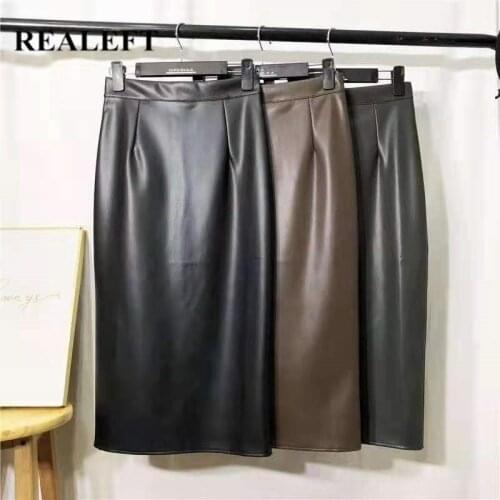 REALEFT 2021 New Autumn Winter PU Faxu Leather Women Mi-long Wrap Skirts High Waist Back Split Sheath Pencil Sexy Skirt Female