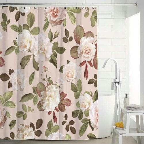Ivory Flowers Blush Pink Shower Curtain Set with 12 Hooks Bathroom Decoration