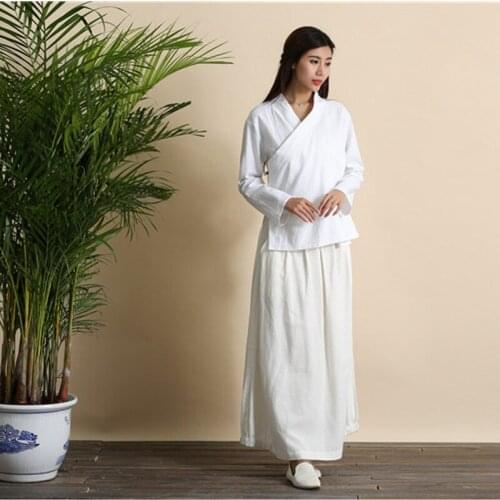 Women Yoga Shirt Linen Chinese Traditional Long Sleeve Sweatshirt Jogger Casual Tai Chi Kungfu Mediitation Shirt Sportswear