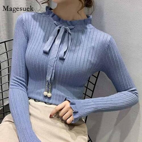 Ruffle Pearl Tie Bowknot Long Sleeve Pullover Solid Slim Sweater Autumn Winter Korean Style Sweaters for Women Pull Femme 11566