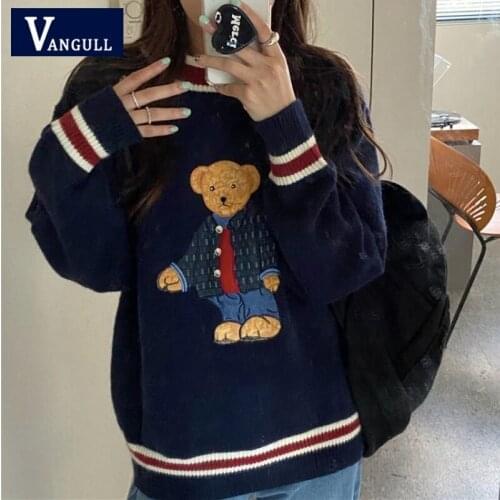 Vangull Bear Cub Embroidery Knitted Pullover Women Spring Autumn Long Sleeve Loose Cartoon Casual Sweet Soft Sweater Female Tops