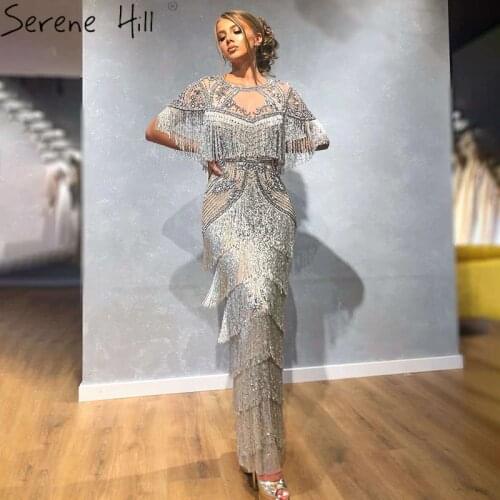 Mermaid Short Sleeves Formal Gown Women Elegant 2020 Dubai Grey Luxury Beading Tassel Evening Dresses Long Serene Hill BLA70275
