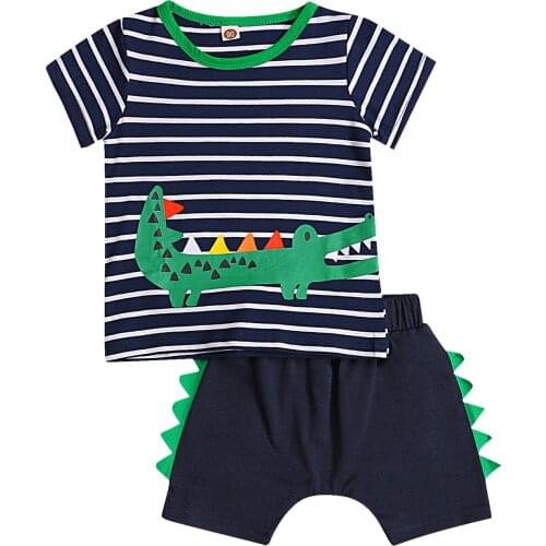 2021 0-5Y Summer Infant Boy Clothing Set Cartoon Dinosaur Striped Print Short Sleeve T-shirt+Short Harem Pants Casual 2pcs