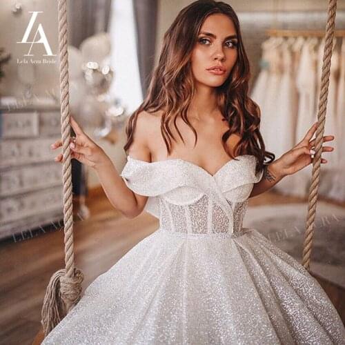 Shiny Wedding Dress 2020 Vintage Off Shoulder A-Line Court Train Princess Bride Gown LelaAcra R000 Customized Vestido De Noiva