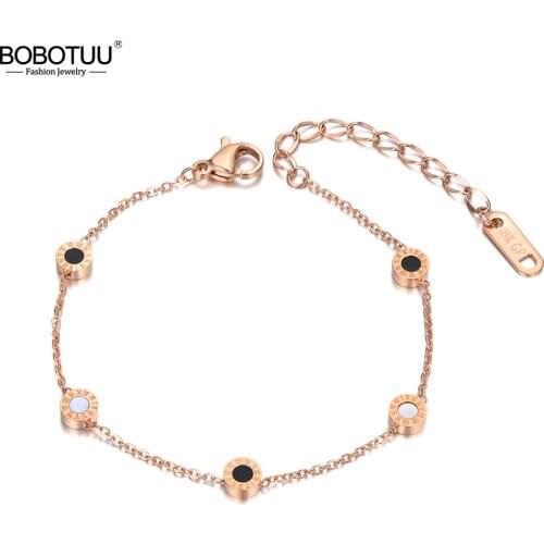BOBOTUU Titanium Steel Bohemia Shell & Acrylic Chain Link Bracelets For Women Girls Trendy Roman Numerals Charm Bracelet BB20027