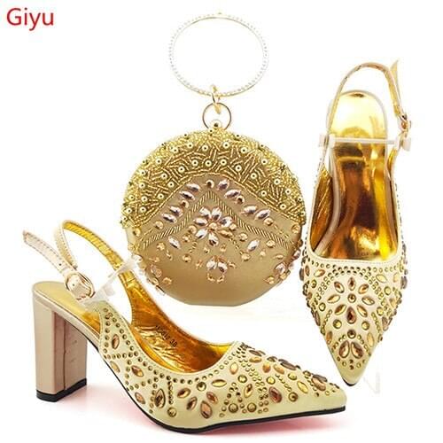 Doershow Italian Design Shoes and Bag To Matching African gold Shoes and Bag Set For Party Nigerian Women Fashion Shoe ! HYG1-2