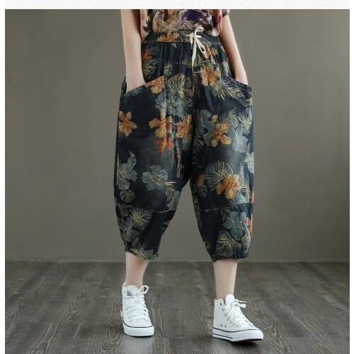 21 Summer Vintage Denim Jeans Women Thin Large Pockets Spliced Floral Printed Elastic High Waist Calf-Length Pants Female Wild