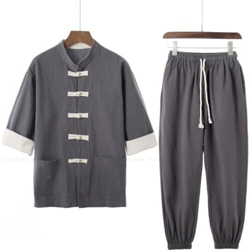 Men Traditional Chinese Style Tang Suit Retro Hanfu Shirt Trousers Kung Fu Uniform Set Japanese Kimono Coats Casual Blouse Pants