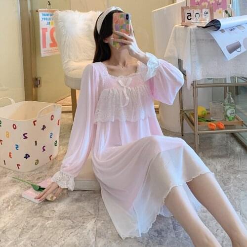 Summer New Sleepwear Long Sleeve Nightgown Mesh With Lace Gown Robe Intimate Lingerie Casual Women Nightdress Home Clothing