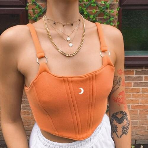 Crescent Moon Embroidery Women Patchwork Strap Camis Corset Top Bustier Crops Sexy Streetwear Club 2021 Autumn Winter