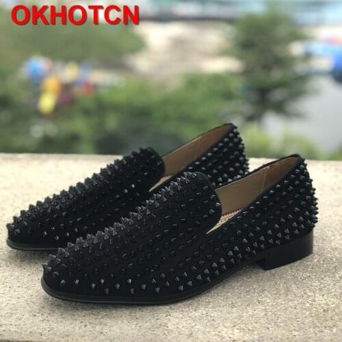Square Toe Mens Leather Shoes Oxford Black Slip On Casual Men Shoes Size 46 Flat Spiked Rivets Studded Fashion Men Dress Loafers