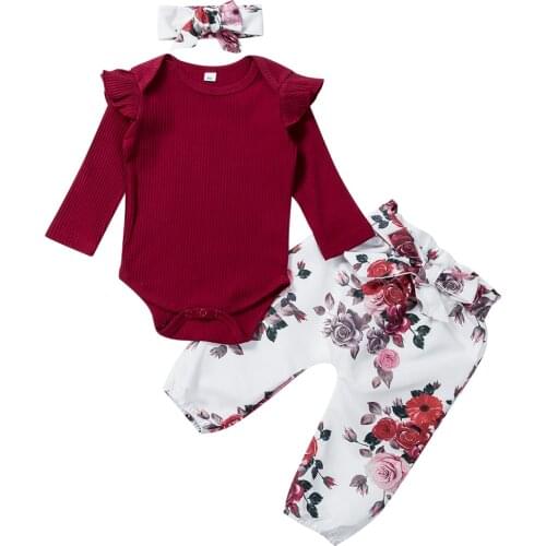 Casual Newborn Infant Baby Girl Clothes Set Flower Tops Romper Leggings Headband 3PCS Outfits Set Clothes