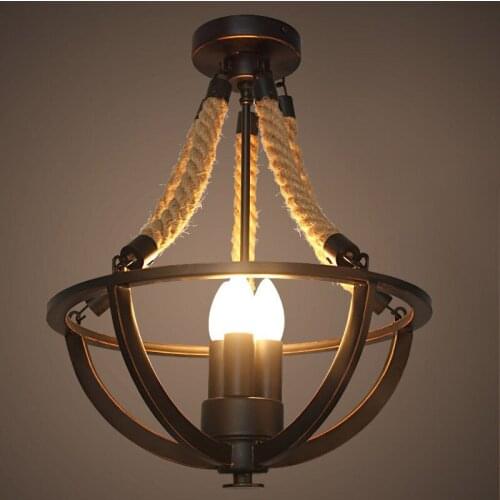 LED Tradition Pendant Lights Hemp Rope Iron Basket Semi Flush Mount with 3 Candle Lights Pendant Lamp 110-220V Pendant Lamps