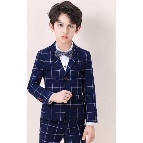 Boys Casual Suit Plaid Blazer Pants Vest Shirt Tie Flower Boy Suit Dress For Wedding Children Formal Blazer Set Kids Clothes