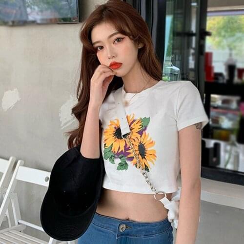 New Summer T-Shirt Womens Short Sleeve Sunflower Printed Expose Navel Hong Kong Style Flavor Short Tops