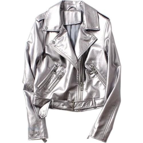 Spring and Autumn Womens Luxury PU Leather Jacket Fashion Motorcycle Silver Leather Coats Female Adjustable Belt Biker Jackets