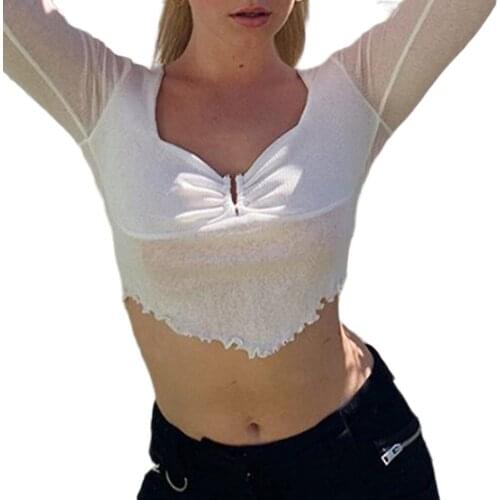 Womens Long Sleeve Casual Notch Neck Short Sexy Frill Trim Tops Daily Street Wear