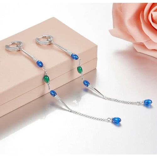 SLJELY High Quality 925 Sterling Silver Candy Long Earrings Inlay Zircon Green Blue Stone for Women Fashion Brand Design Jewelry