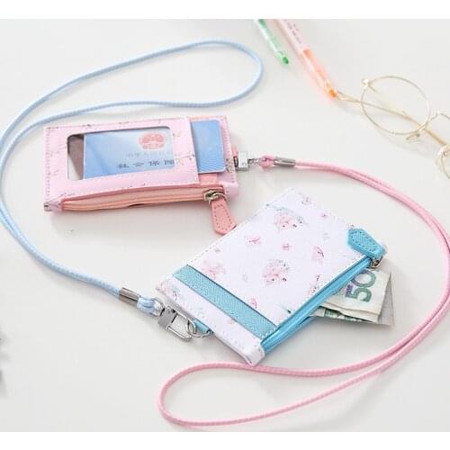 Women Floral PU Leather Card Holder Neck Strap with Lanyard Badge Wallet Bank Credit Card ID Holder Wallet Case Purse Bags Pouch
