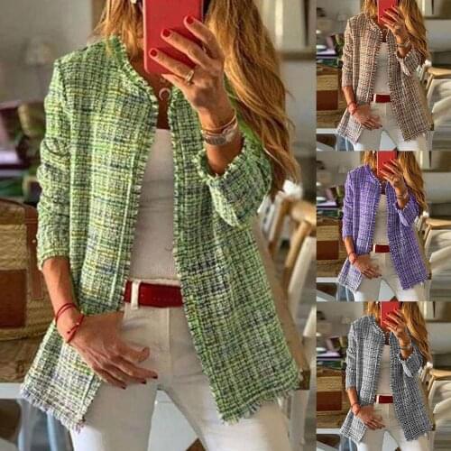 Sweet Women Autumn Winter Wool Cardigan Outerwear Plaid Open Front Jacket Coat femal casual outdoor street office travel wear