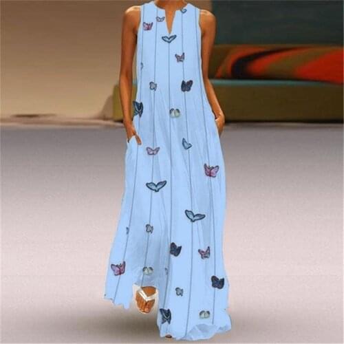 2021 New Big Size Women Long Dress Summer Sleeveless Boho Maxi Dress Lady Butterfly Print Pocket Splic Dress Plus Size Vestidos