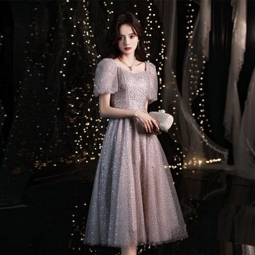 Elegant French Sequisn Puff Sleeve Evening Dress Women Back Zipper Formal Gowns Robe De Soiree Cheongsam 3XL