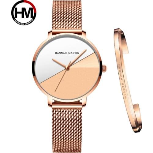 1 Set Bracelet & watch Quartz Lady Stainless Steel Mesh Double Surface Dial Gradient Rose Gold Waterproof Fashion Casual Watches