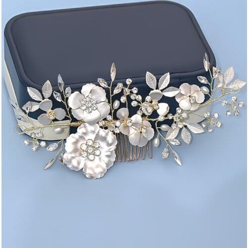 1PC Gold Hair Accessories Elegant Crystal Rhinestone Wedding Bride Hair Comb White Flower Leaves Women Hair Jewelry