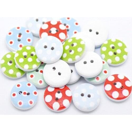 100 Pcs 15mm 2 Hole Polka Dot Painted Wooden Buttons, for Sewing, Scrapbooking, Embelishments, Crafts, 7NK58