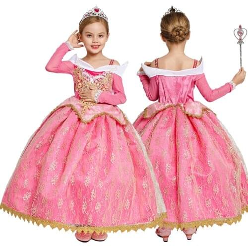 Girls Aurora Dress Bebe Pink Sleeping Beauty Dress Up Floral Flare Sleeve Gorgeous Pageant Gown for Girls Children Aurora Wig