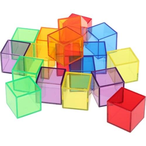 Children Montessori Building Blocks Cube Geometric Solids, 18 Pieces, Transparent Colorful