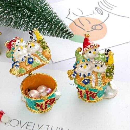 H&D Hand Painted Snowman Hinged Jewelry Trinket Box with Rich Enamel and Sparkling Rhinestones Unique XMAS Gift Home Table Decor
