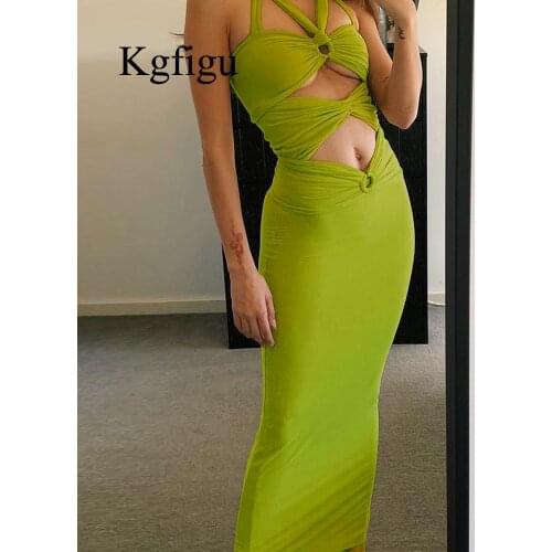 KGFIGU Knitting Bandage Green Birthday Dresses Women Sexy Sleeveless Bodycon Slim Mid Calf Vestidos Lady Cute Party Outfits