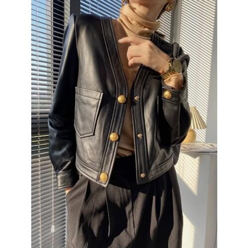 Real Sheepskin Coat V neck Single breasted Spring Genuine Leather Jacket Women 2021 New Fashion Elegant Outwear Female