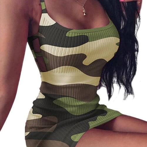 Summer Women Dresses Sexy Sleeveless Ribbed Camouflage Print Mini Bodycon Sling Dress vestido de mujer платье летнее женское
